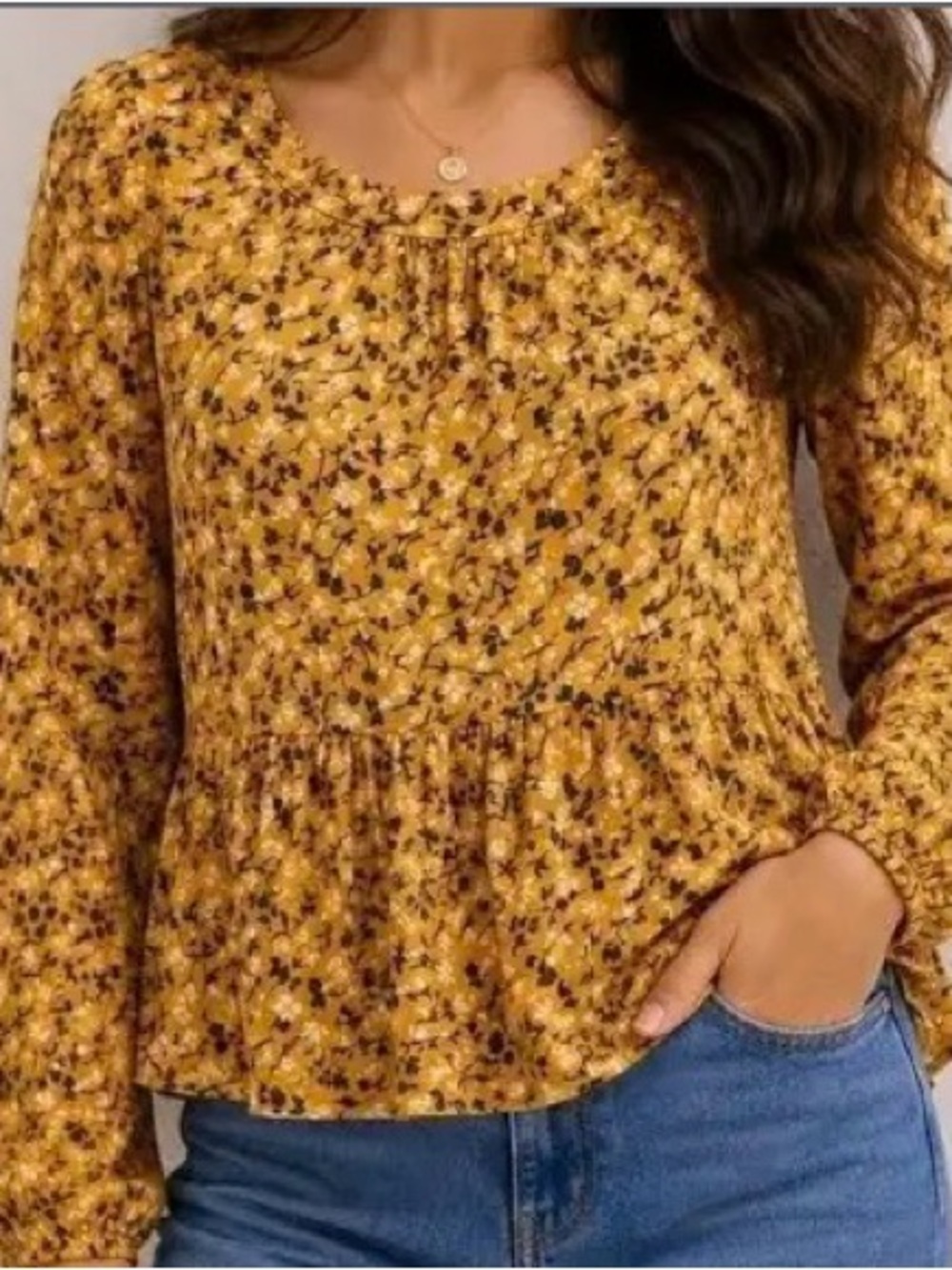 Anthropologie Mustard Floral Peplum Long-Sleeve Blouse